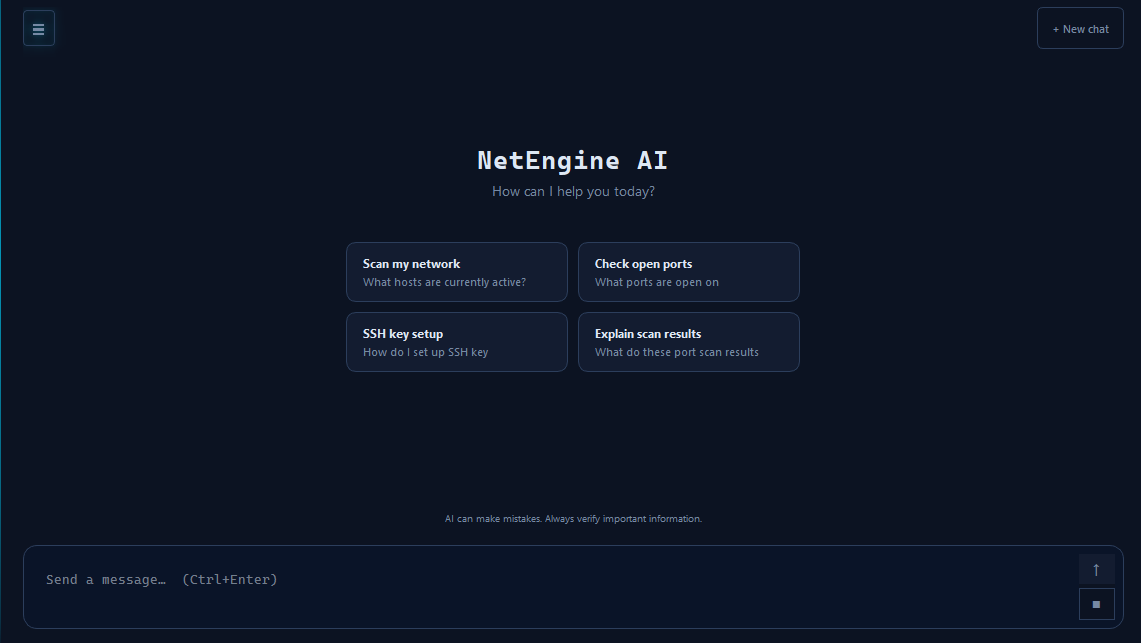 NetEngine AI assistant home screen with local and API model support